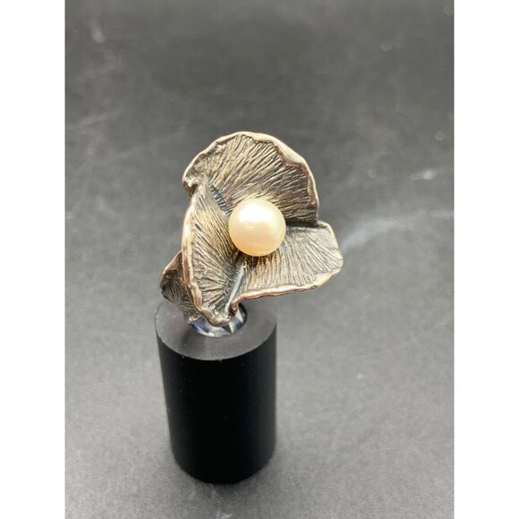 Flower And Pearl Ring Size 7 Sterling Silver High Raised Design Carved Band - Picture 2 of 8